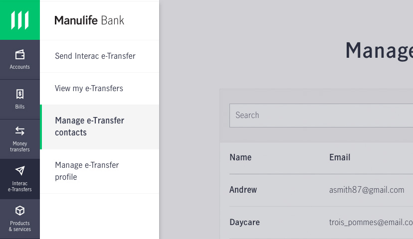 Screenshot showing how to add an Interac e-transfer contact in online banking.