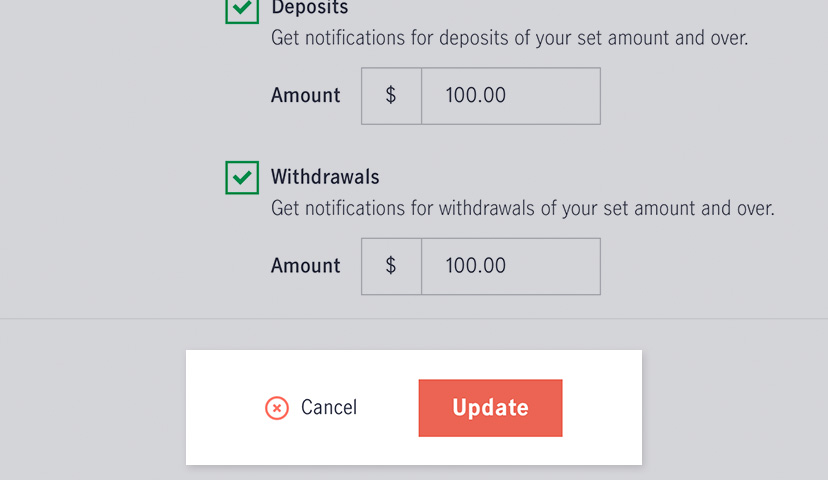 Screenshot of the “Update” button which enables customer preferences, and the “Cancel” button which resets customer preferences to previous values, both located at the bottom of the notification preferences page.