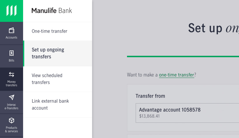 Screenshot showing how to set up an ongoing money transfer in online banking.