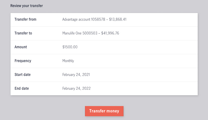 Screenshot showing how to set up an ongoing money transfer in online banking.