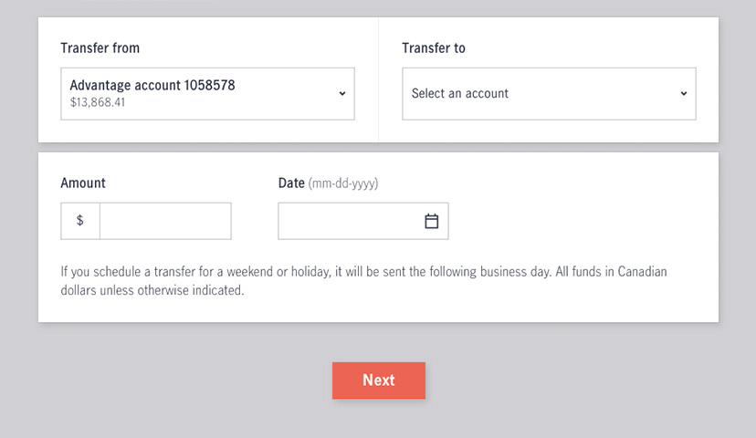 Screenshot showing how to set up a money transfer in online banking.