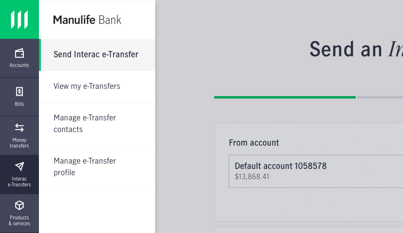 Screenshot showing how to send an Interac e-Transfer in online banking.