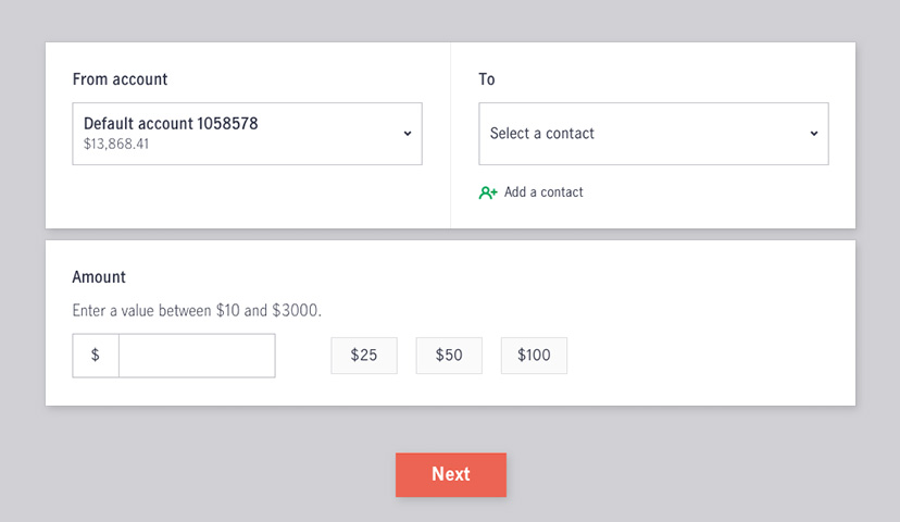 Screenshot showing how to send an Interac e-Transfer in online banking.